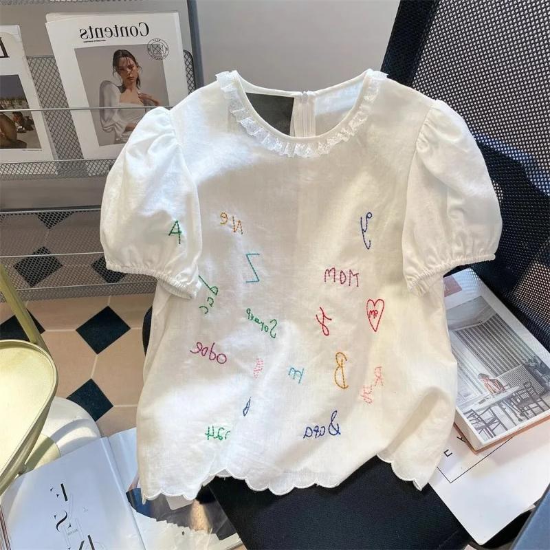 

Женская милая хлопковая блузка с вышивкой, кружевной отделкой и пышными рукавами M белый