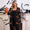 Women's V Neck Long Sleeve Pumpkin Print Knit Open Front Mid Length Cardigan