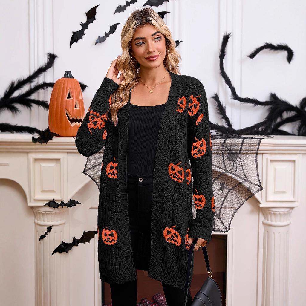 Women's V Neck Long Sleeve Pumpkin Print Knit Open Front Mid Length Cardigan