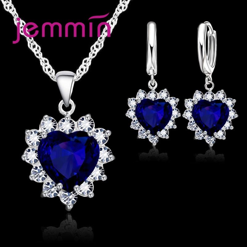 Top Sale Wding Engagement Anniversary Gift Zircon Sets 925 Copper Color Stamped Heart Pendant Hoop Earrings for Women Girls