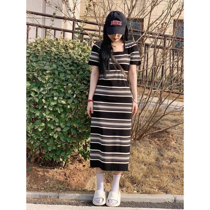 French square neck knitted striped short-sleeved dress women's summer temperament casual pear shape figure slim long skirt