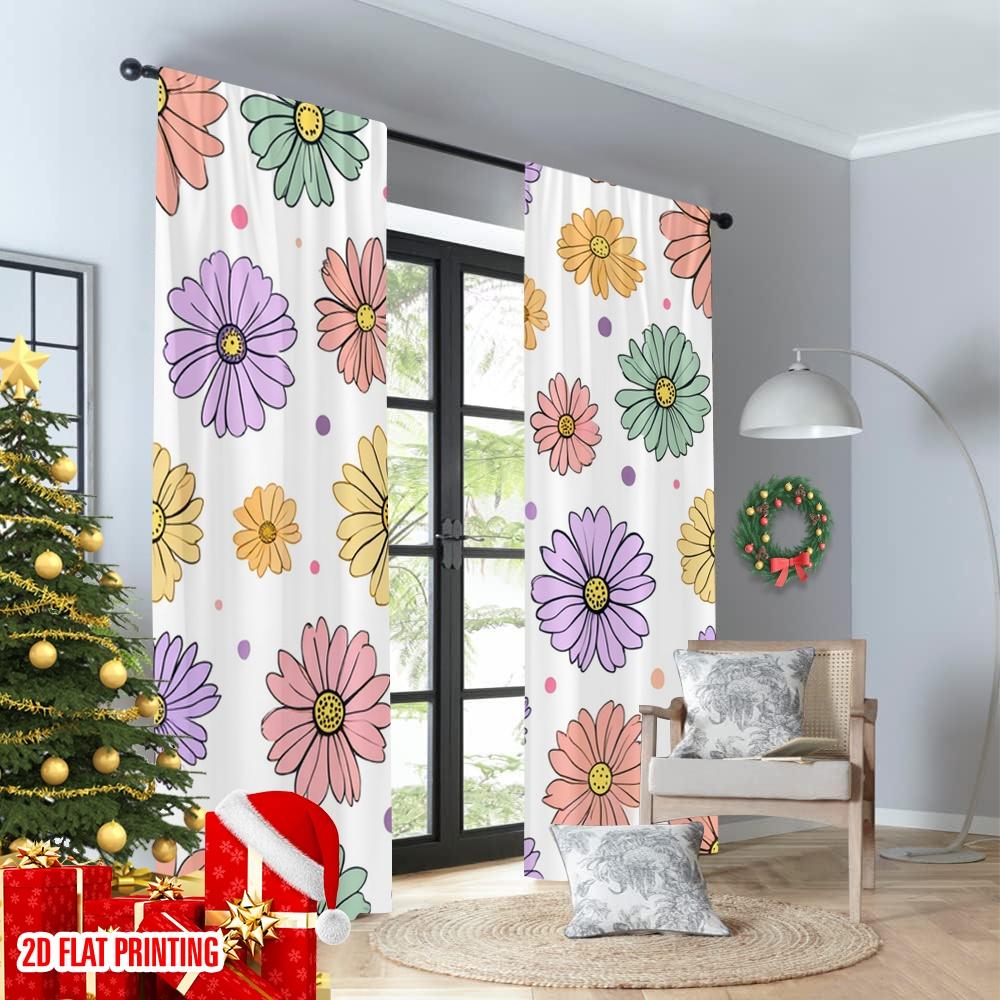 Set Of 2 Flat Printing Curtains Floral Watercolor Flower Illustration Digital Printed Polyester Drapes Festive Holiday Curtain Made