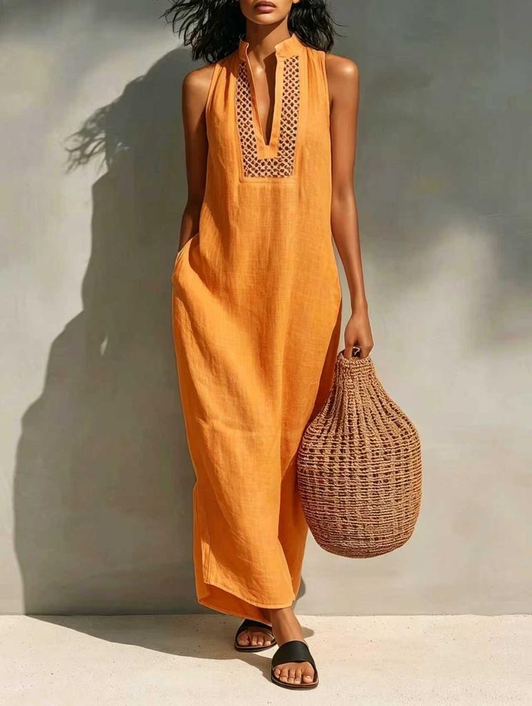 2026 European and American Cross-border Independent Station, Summer White Sleeveless Hollow V-neck Dress, Holiday Style Loose Dress