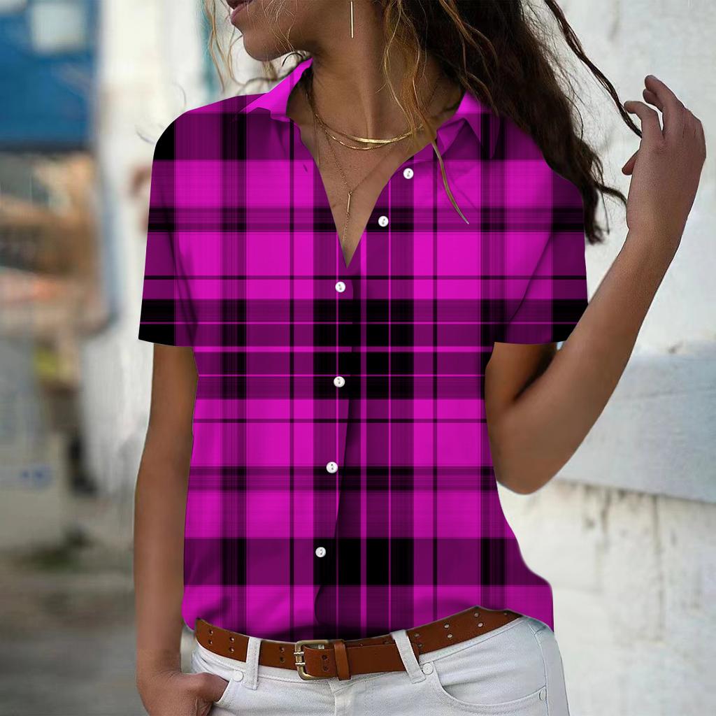 2025 Summer New Fashion Women's Grid Pattern Printed Short Sleeve V-neck Casual Button-down Shirt Top