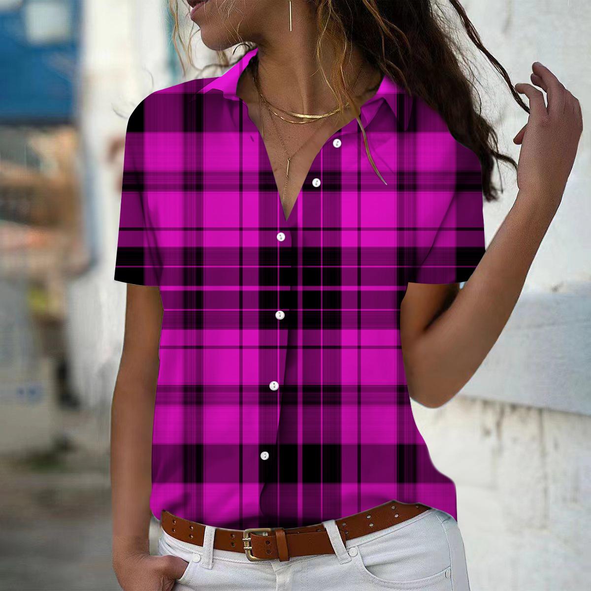 

2025 Літо Нова Мода Жіноча Сорочка Топ з Друкованим Клітчастим Візерунком, з Коротким Рукавом, V-подібним Вирізом, Повсякденна, на Ґудзиках L фіолетовий