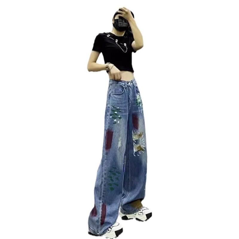 Womens High-Waisted Wide Leg Distressed Denim Jeans With Painted Design Loose Fit Straight Cut