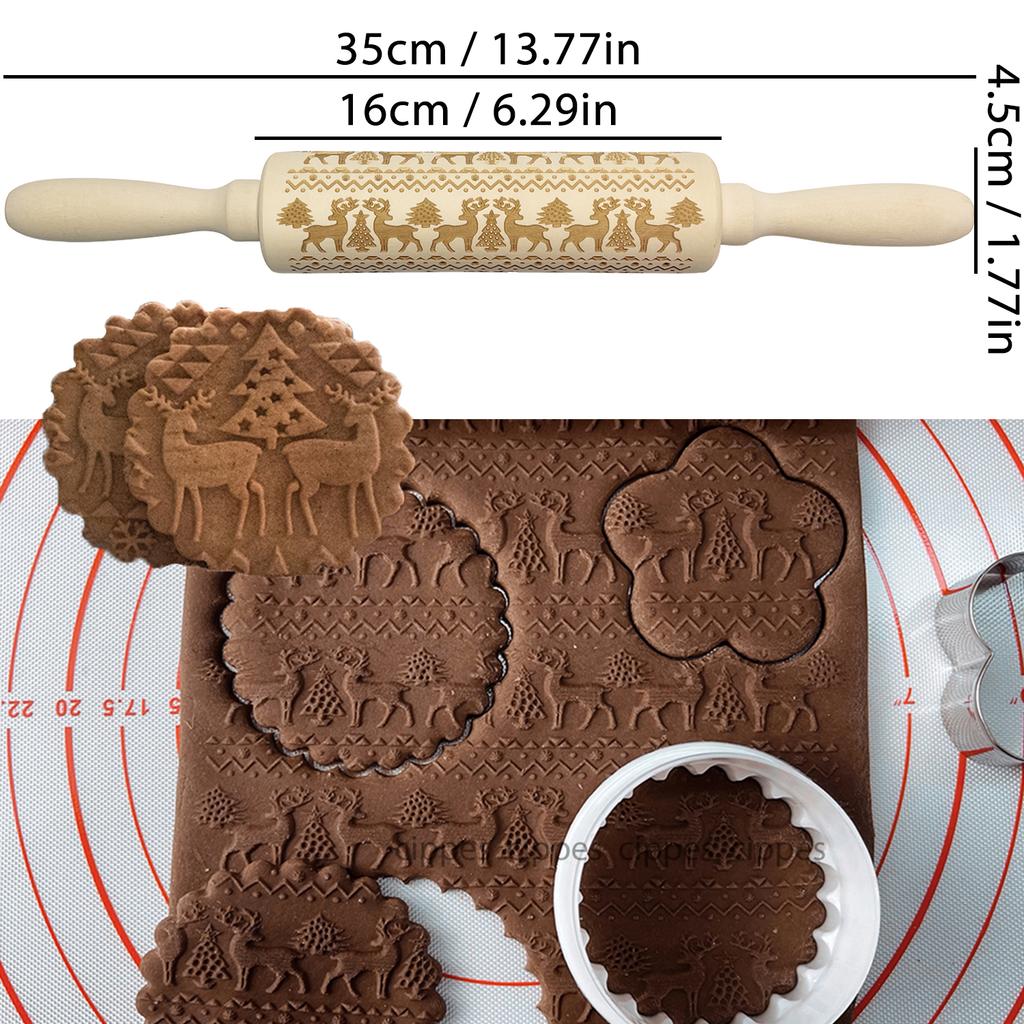 Wooden Rolling Pin for Christmas, 3D DIY Engraved Embossing Rolling Pins with Xmas Reindeer Flower Pattern, for Baking Cookies