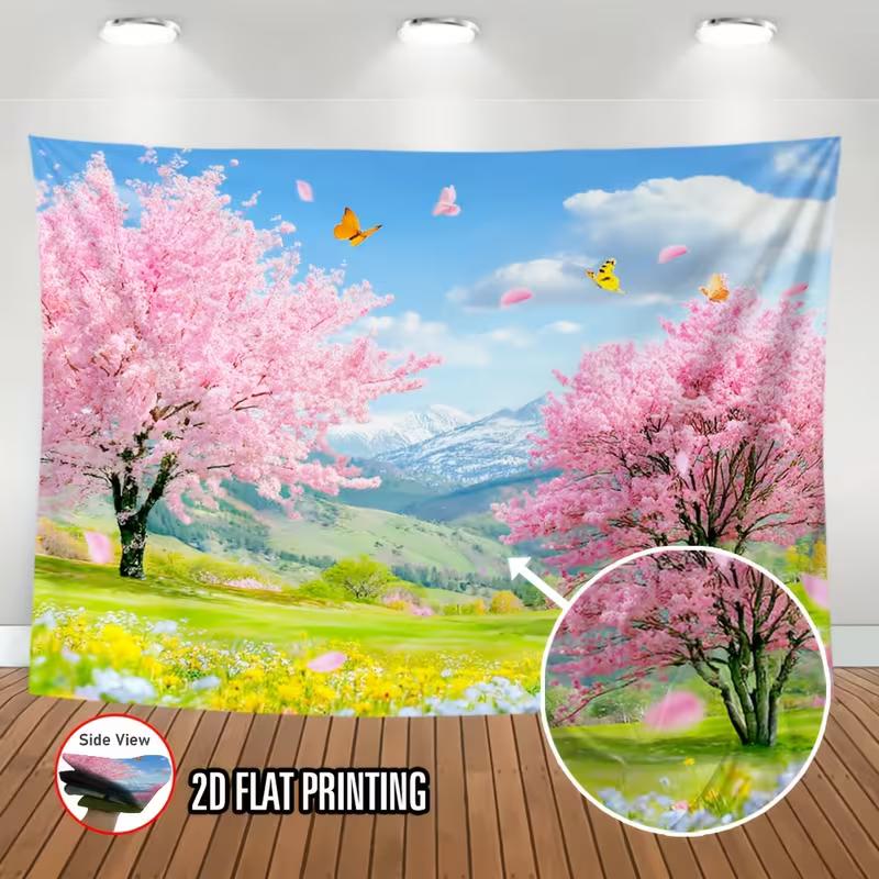 2D Bunte Schmetterlinge und Kirschblütenbäume in einer grünen Frühlingslandschaft