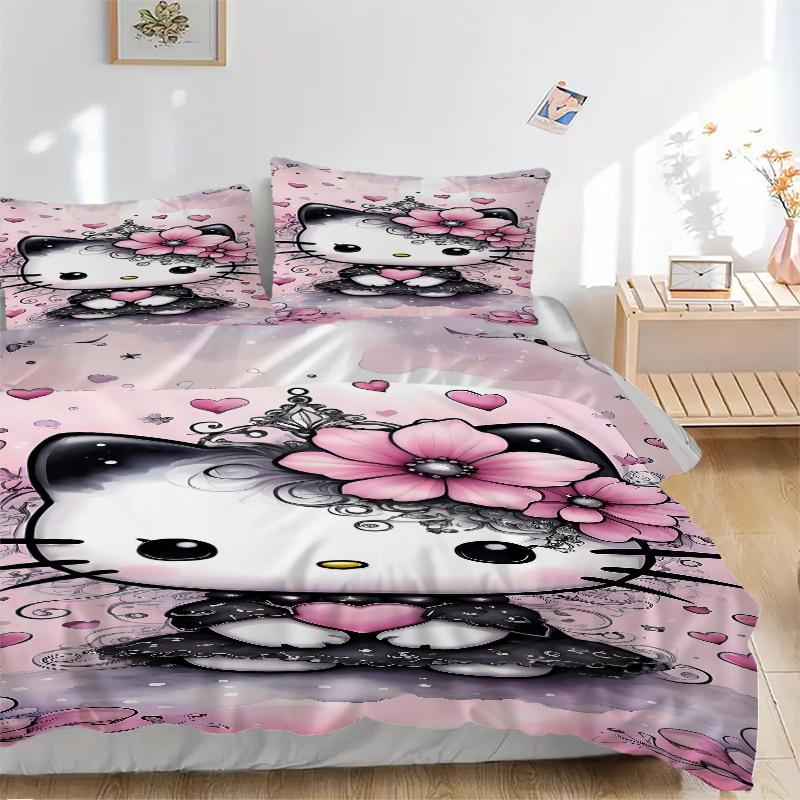 

3 шт. Комплект постельного белья с принтом Розовые Цветы и Hello Kitty, Мягкий и Удобный Пододеяльник для Спальни, Гостевой Комнаты (Не включено).S070 135x200cm