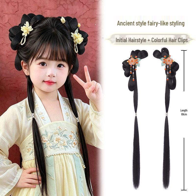 Girls' Hanfu Wig: Ancient Headdress, Children's Bun Bow Updo