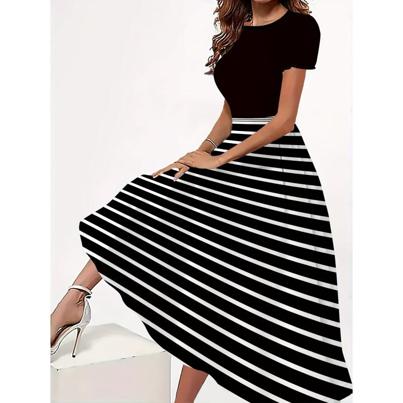 Womens Loose Fit Cotton Print Short Sleeve Round Neck Midi Dress Casual Wear