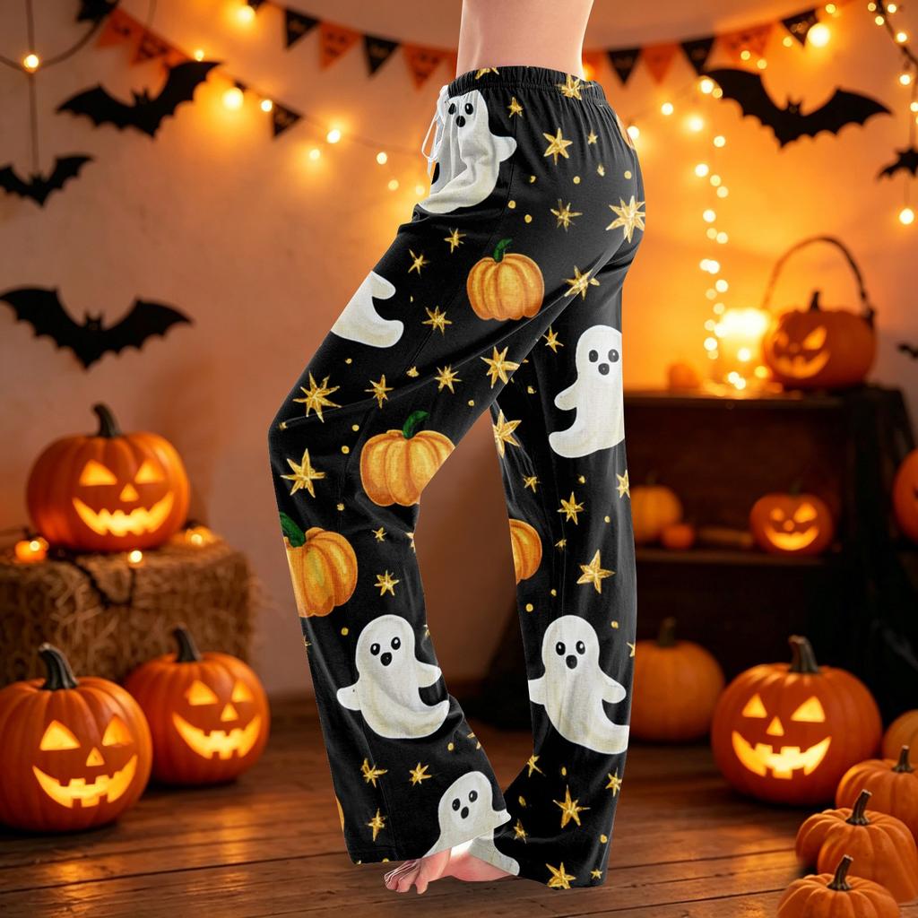 Women Drawstring Waist Halloween Printed Long Pajama Pants Casual Relaxed Fit Sleepwear with Elastic for Home Lounge