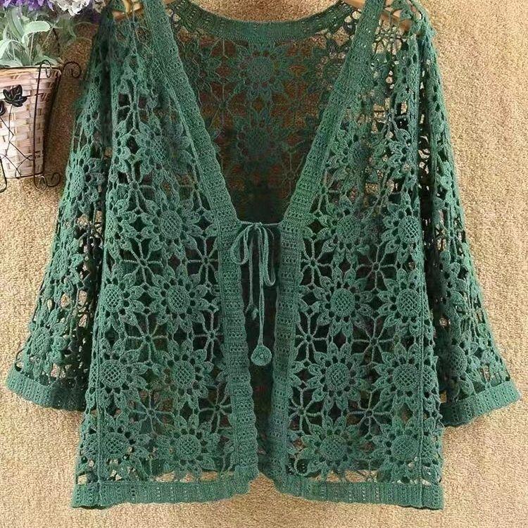Women Hollow Lace Sunscreen Cardigan Sweater Wide Loose Air Conditioning Knitted Sweater Thin Section Female Spring Autumn