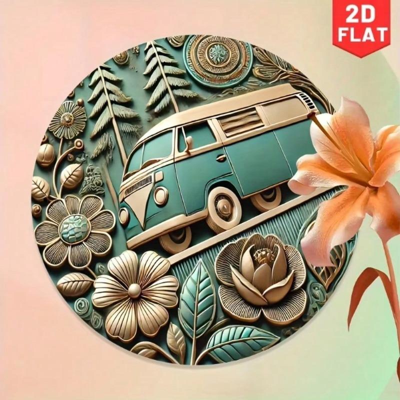 Metallväggkonst Bohemisk Stil Rund Blommig Bussdesign Vattentät Aluminiumdekor