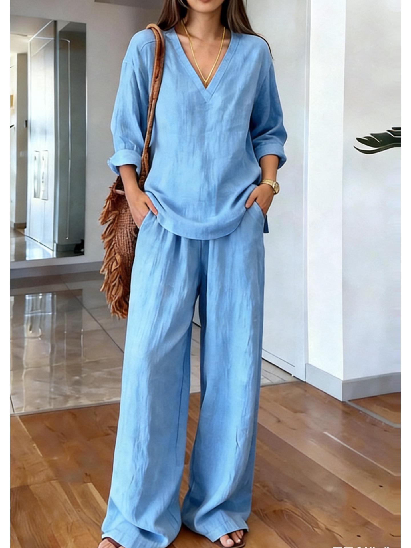 

2026 Spring European & American Women s Fashion Casual Two-Piece Set: Top & Wide-Leg Pants. Large небо синє кольору