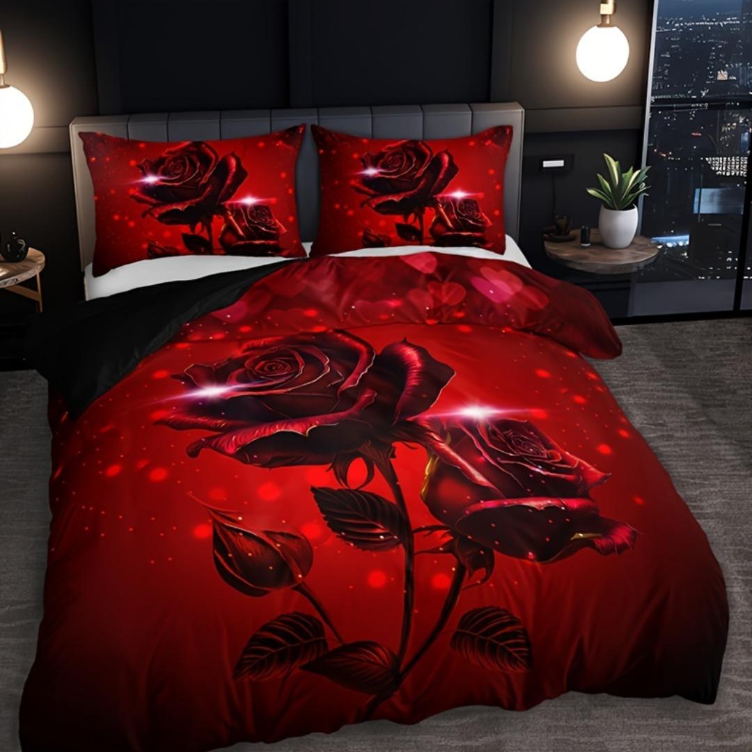 

3pcs Red Rose Print Bedding Set Soft Comfortable Duvet Cover King Queen Twin Single Size Bithday Gift for Sister Room Decoration EU Single 135x200cm