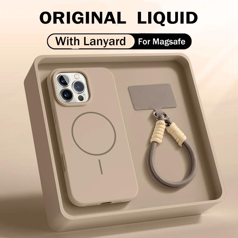 Official Liquid Silicone Lanyard Strap Rope Case For iPhone 17 16E 16 14 15 Plus 12 13 11 Pro Max Magsafe Magneitc Soft Cover