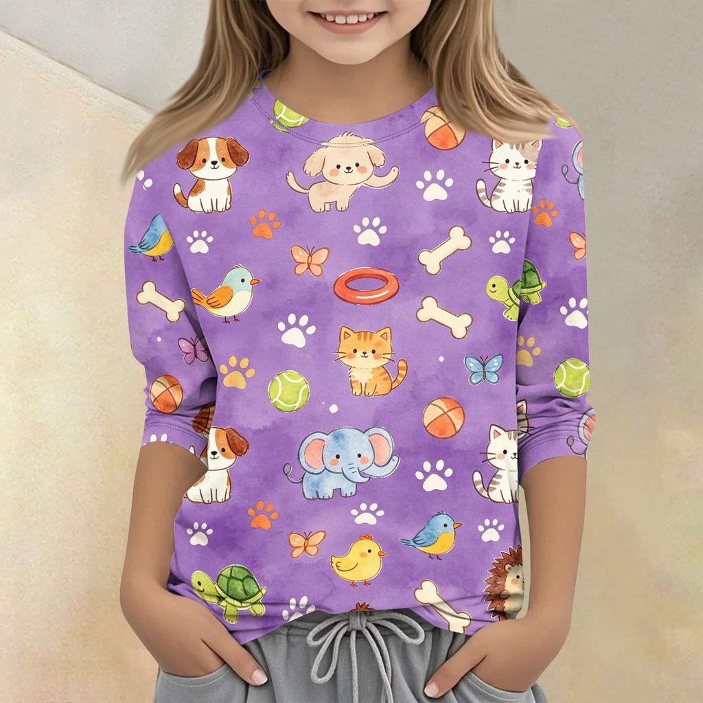 Kids Animal Print Crew Neck Three Quarter Sleeve Casual T-Shirt Soft Fabric Comfortable Fit Suitable for Everyday Wear