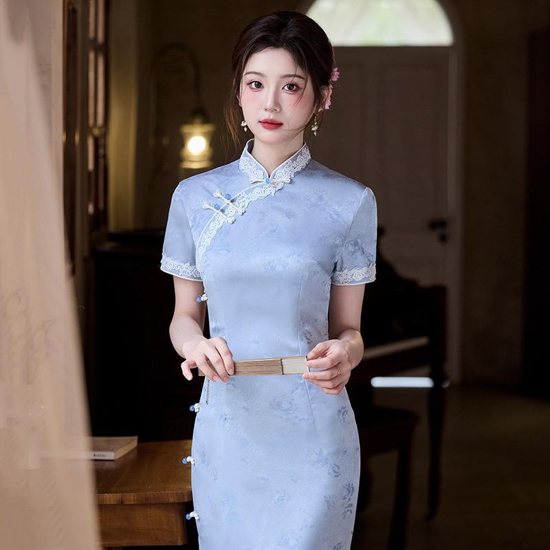 Light Blue Chinese-Inspired Long Cheongsam Dress Women Vintage Fit Short Sleeve Stand Collar Design