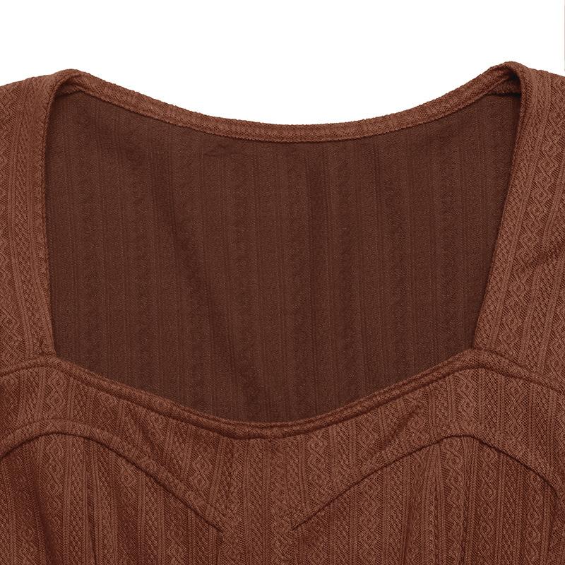 YYFS Women's Fashion Spring Fall Solid Color Print Long Sleeve Square Collar High Waist Casual Dresses