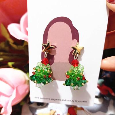 Crystal Beaded Holiday Christmas Tree Clip-On Stud Earrings