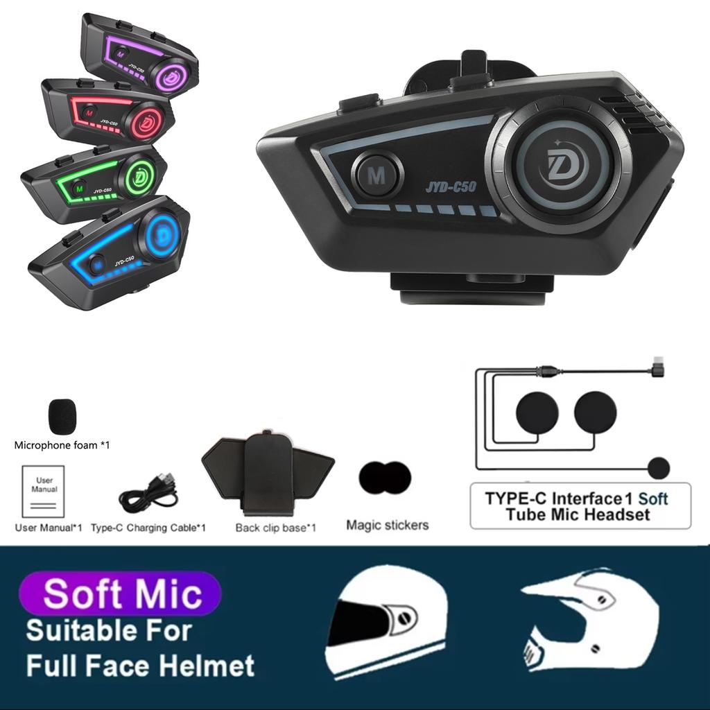 C50 Motorcycle Helmet Headset Bluetooth 5.4 Handsfree Call Wireless Noise Reduction Waterproof Headphone with RGB Light Earphone