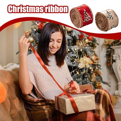 Christmas Wired Ribbon 2 Rolls Sparkly Burlap Wired Edge Decor Winter Holiday Fabric Ribbon Decor For Party Stairs Window Garden