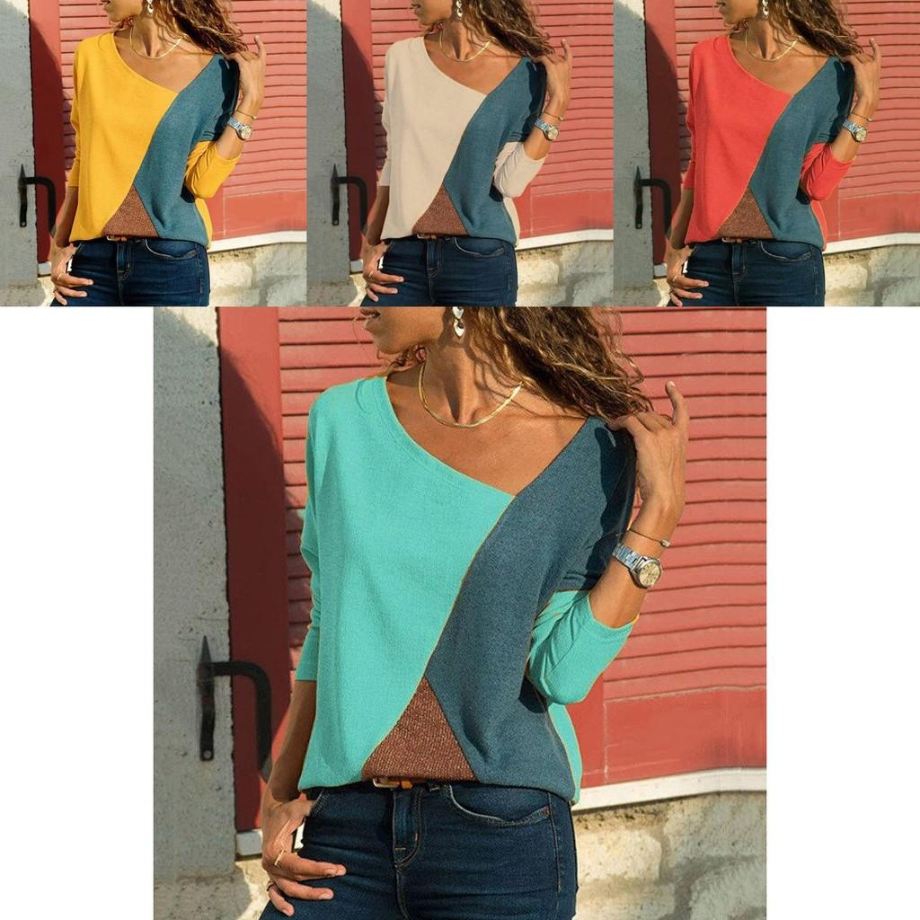 Elegant Women T-shirts Long Sleeve Round Neck Patchwork Pullover Slim Fit Female Tops