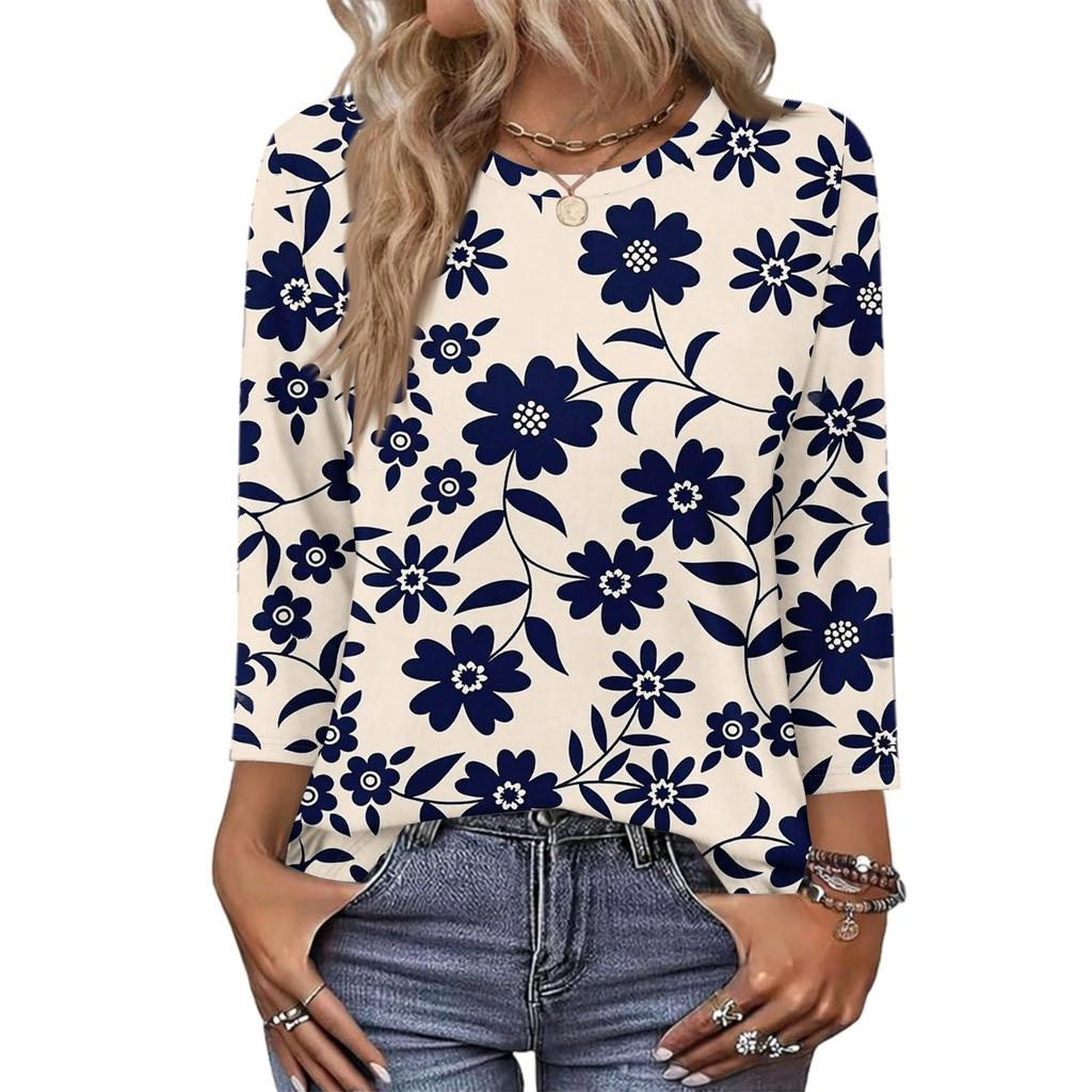 343/4 Sleeve Shirts For Women Cute Print Graphic Tees Blouses Casual Plus Size Basic Tops Pullover