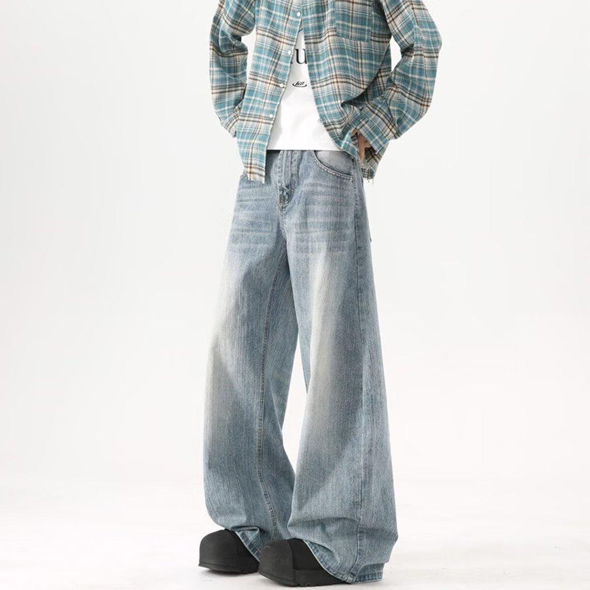 JYL Мужские прямые джинсы светло-голубые с фактурой High-Street Cleanfit свободные повседневные джинсовые M янтарь