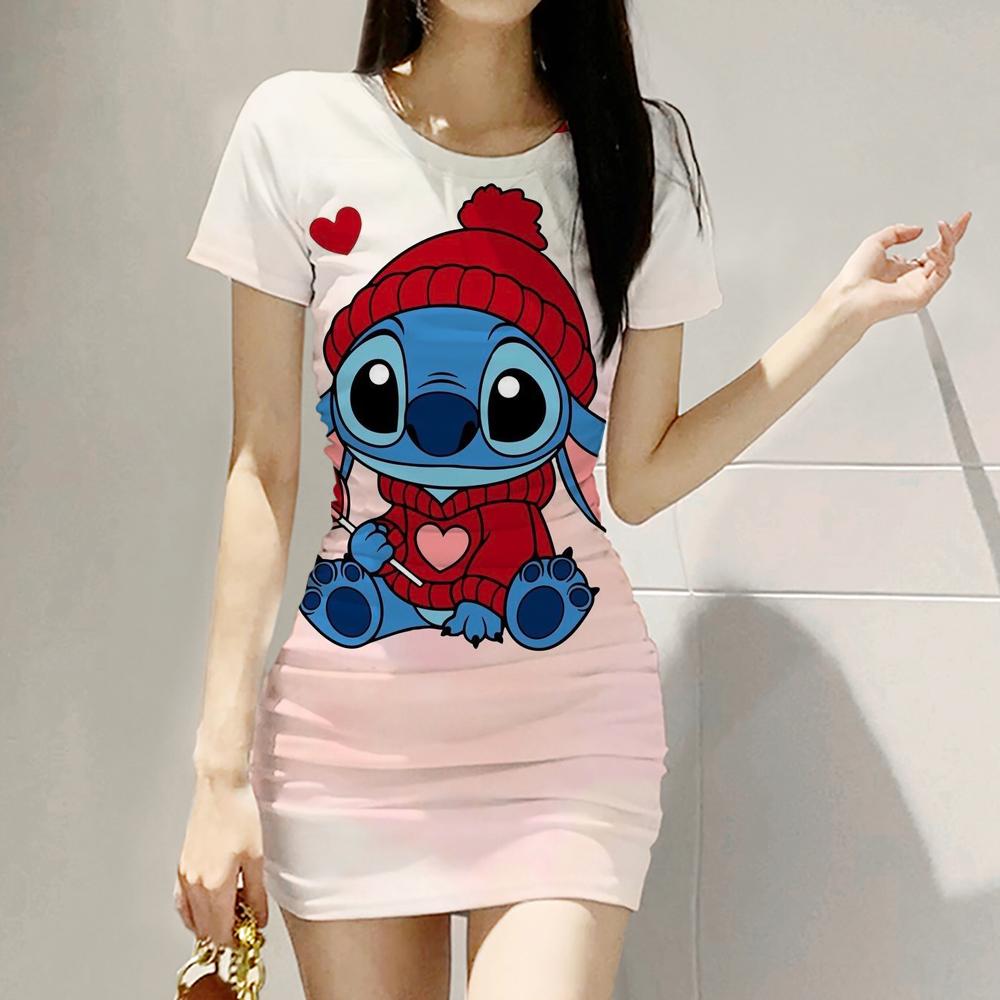 2026 Summer Disney Stitch 3D Cartoon Printed Girl Dress Short Sleeve Women's/Adult Parent-Child Dress Kawaii Beach Party Dress