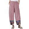 Women Cotton Linen Print Irregular Elastic Waist Casual Loose Wide Leg Pants