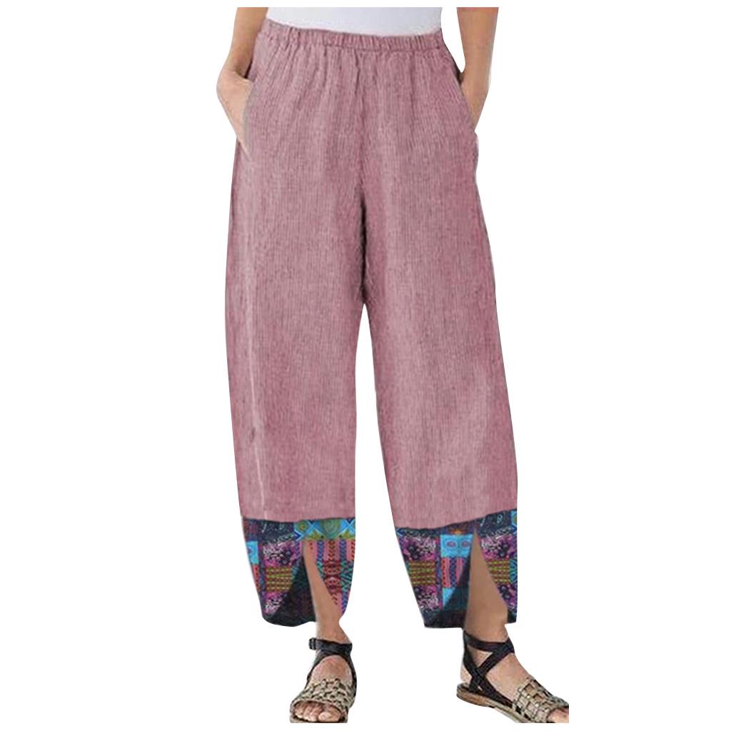 Women Cotton Linen Print Irregular Elastic Waist Casual Loose Wide Leg Pants