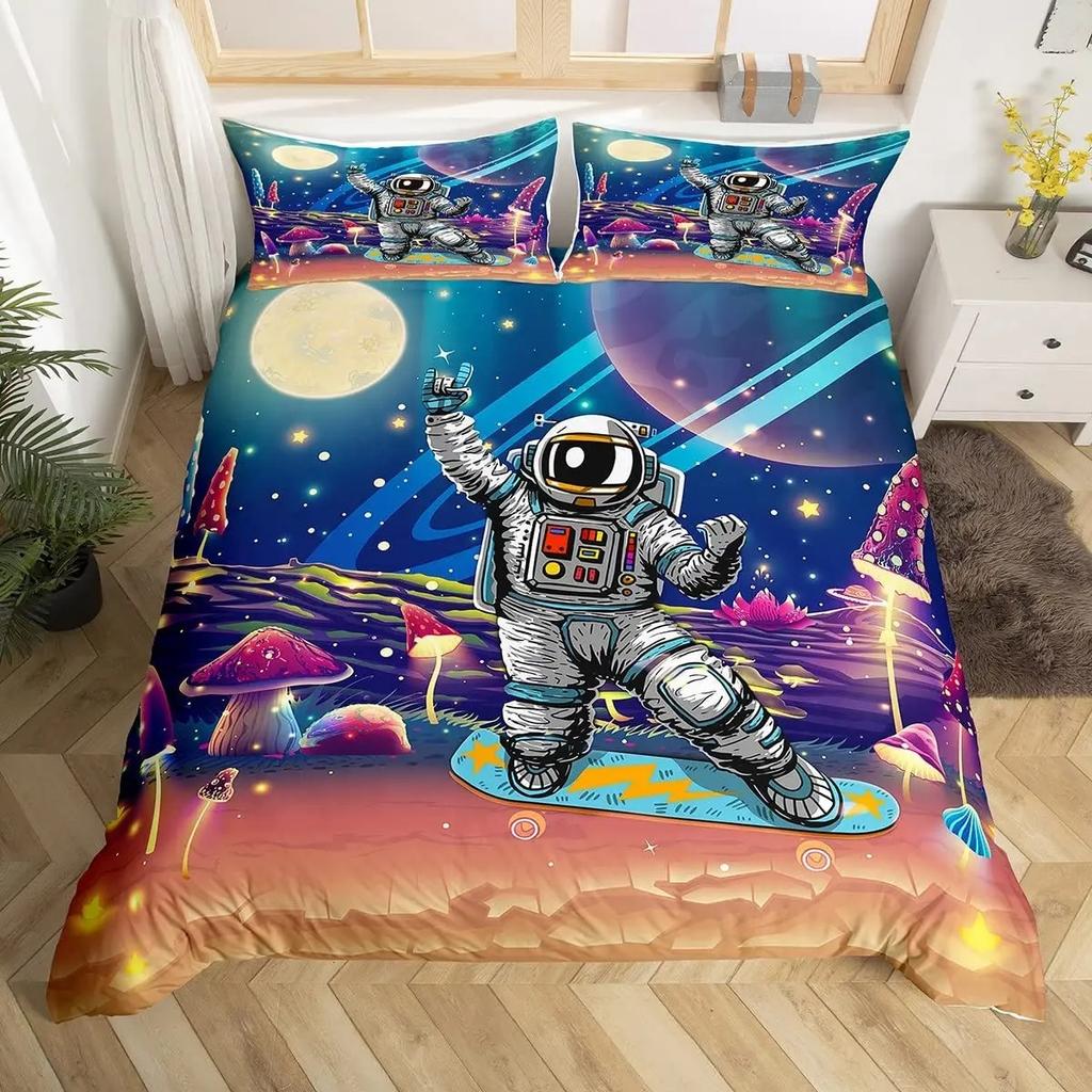 Cartoon Astronaut Duvet Cover Set Moon Clouds Starry Sky Quilt Cover Microfiber Galaxy Bedding Set Twin King For Boys Girls Gift