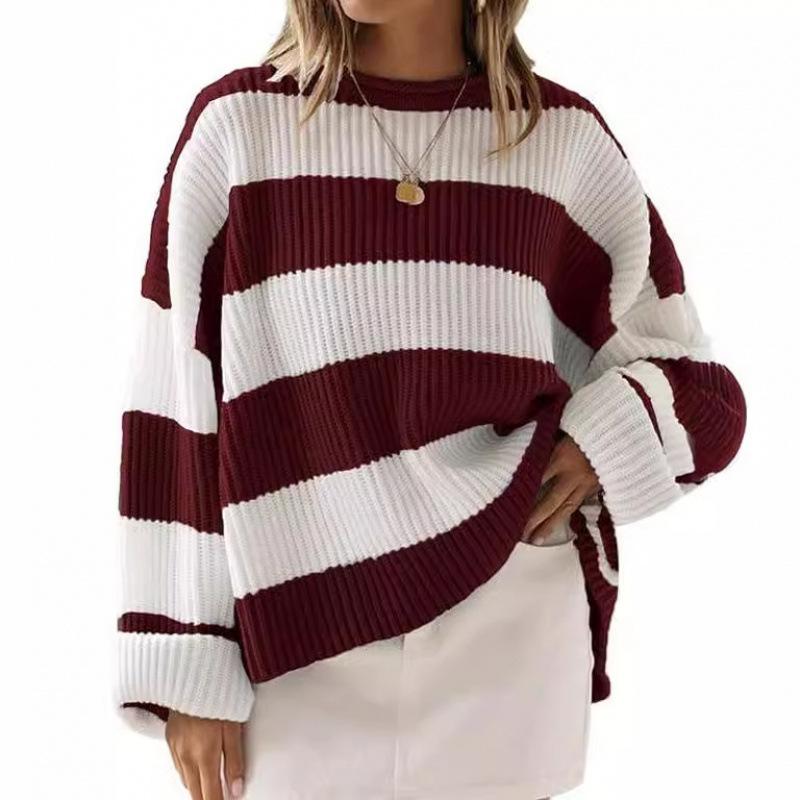 Women's Blue and White Stripe Loose Fit Long Sleeve Crew Neck Sweater