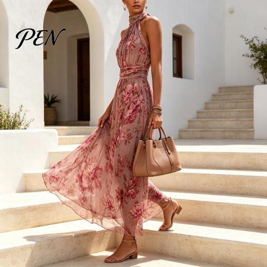 Abito Maxi Allungante con Stampa Floreale in Chiffon per Donna, Scollo all'americana Senza Maniche con Arricciature, Gonna Lunga Drappeggiata, Collo Alto per Ospite di Matrimonio, Cocktail, Sera