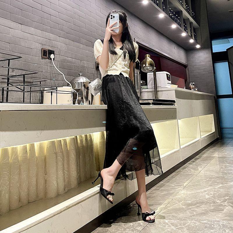 Fashion Versatile Round Head Open-toed Temperament High Heels 2025 Summer New Bow Rhinestone One-word Cool Slippers Women