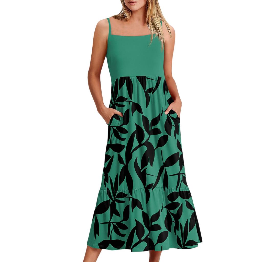 Damen Long Beach Casual Elegant Spaghettiträger Maxikleid Floral Low-Key Fließendes Bohemian Kleid
