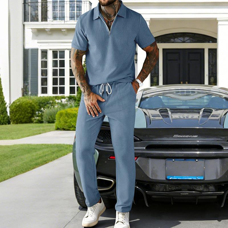 Men's Summer White Textured Half Zip Polo Drawstring Trousers Set