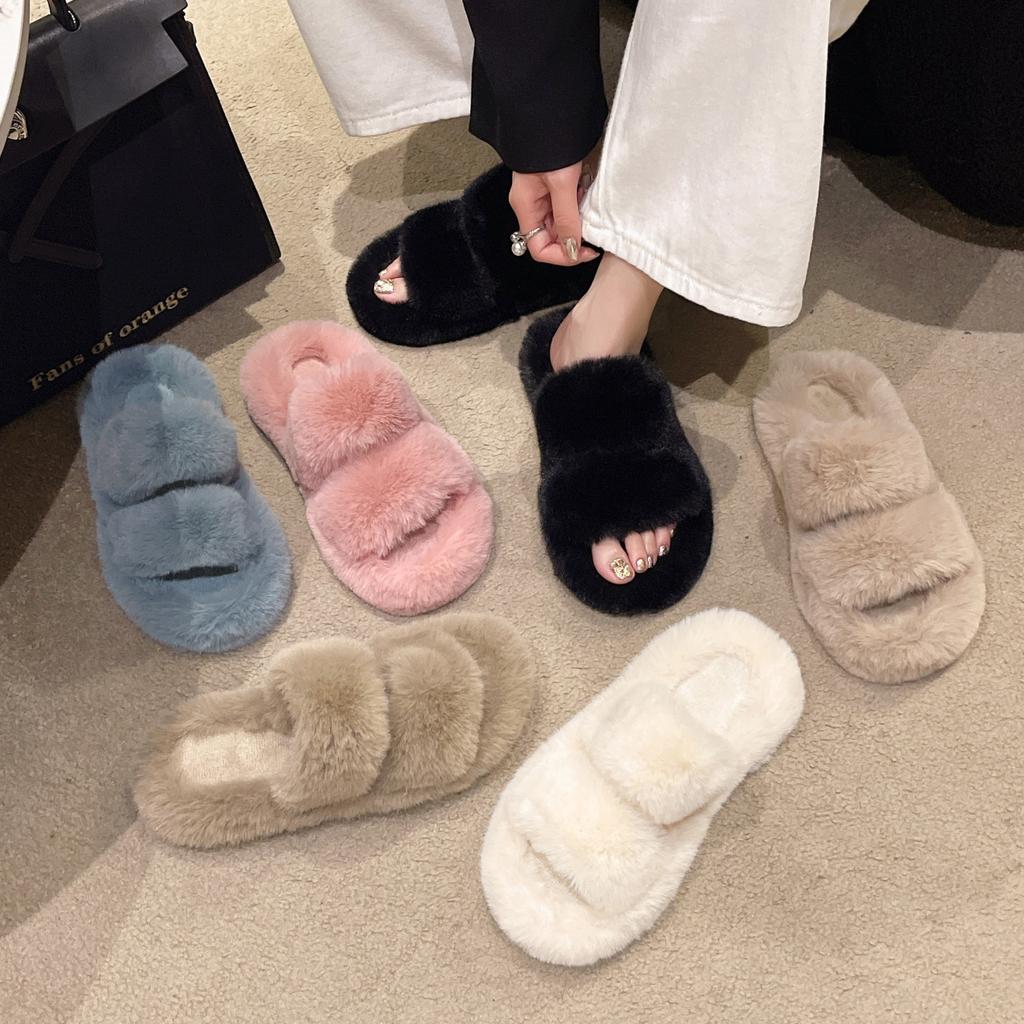 Mao Mao slippers women's new fashion autumn and winter one-word flat-bottomed household cotton slippers