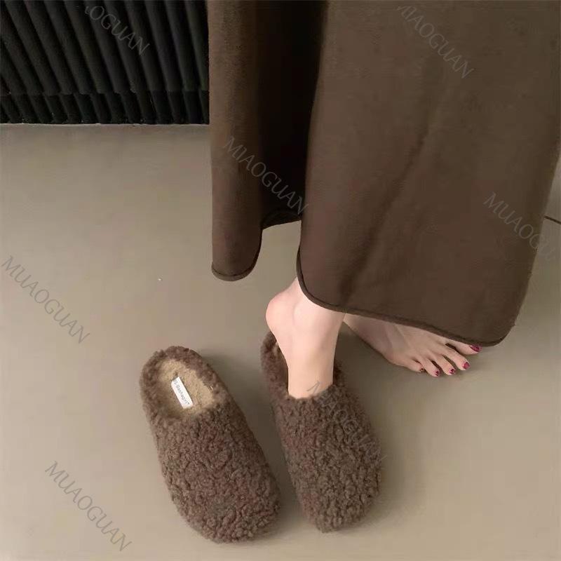 Women Shoes Vintage Style Plush Slippers Warm Faux Fur Indoor Outdoor Mules Slipper for Women Casual Slip On Solid Cotton Slides