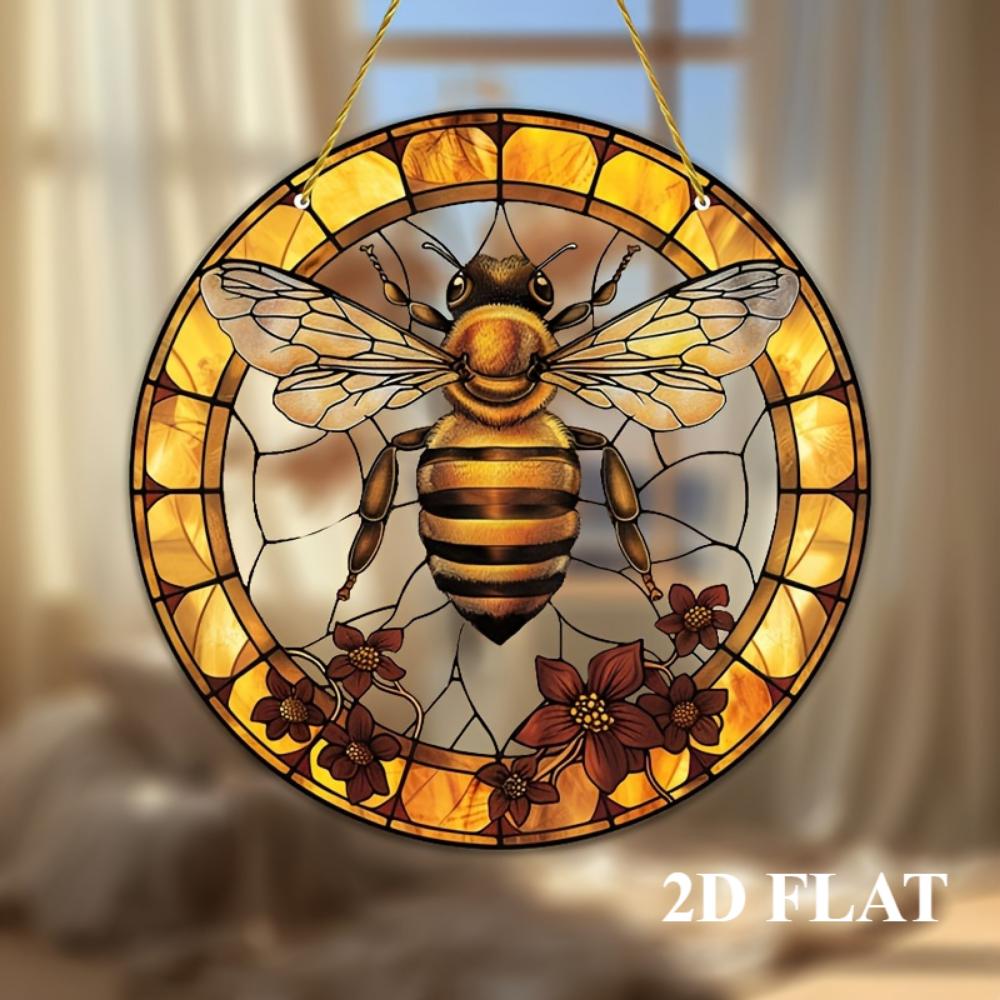 Bee and Flower Stained Glass Catcher, 8x8 inches,Christmas Holiday Themed Window Hanging Decoration, Garden Porch Bedroom Office Art, Decorative Gifts