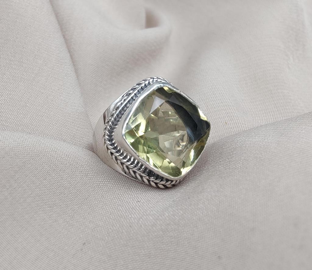 Lemon Quartz 925 Sterling Silver Statement Ring: Boho Vintage Style