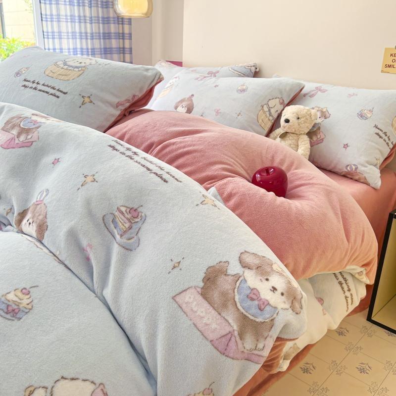 Thickened Milk Fleece Bed Four-Piece Set, Double-Sided Fleece Coral Fleece Quilt Cover, Bed Sheet Three-Piece Set