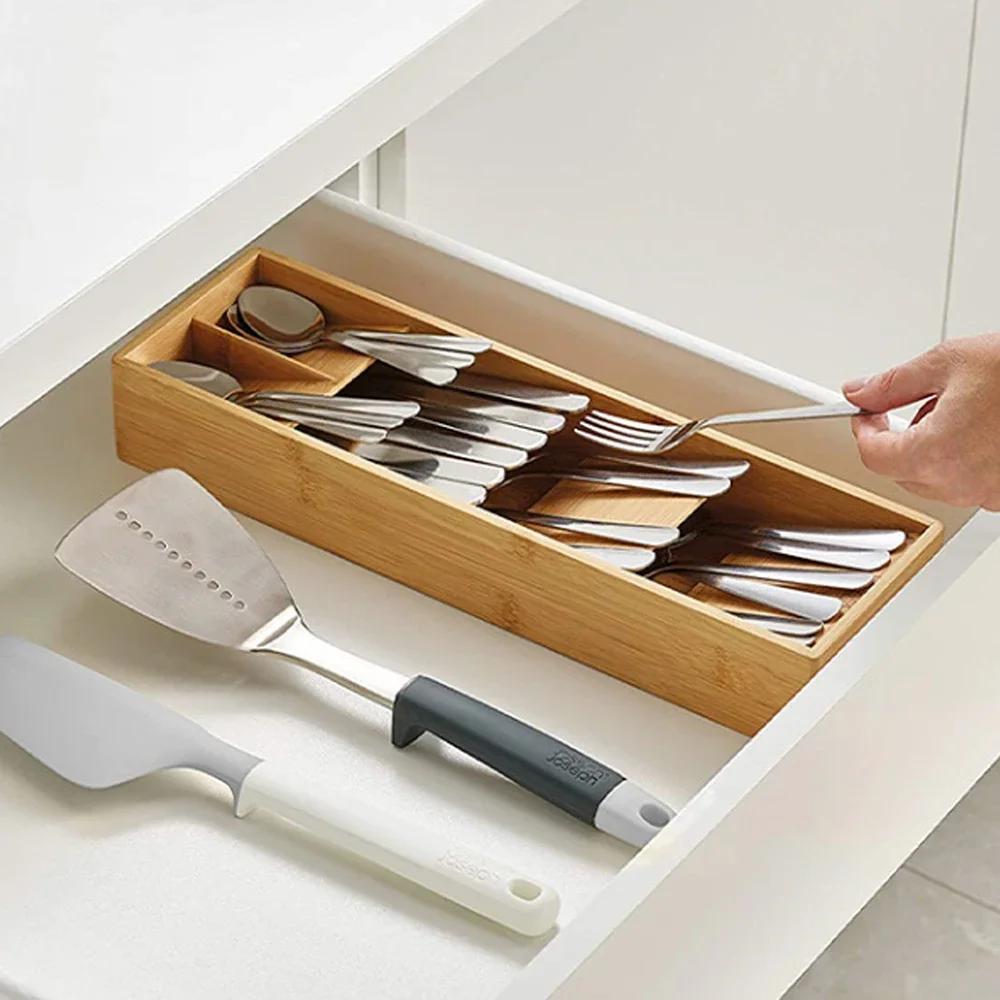 Schubladen-Organizer für Küchengeschirr aus Bambus, erweiterbar, kompaktes Besteckschubladen-Werkzeug für Gabeln, Löffel, Utensilienboxen, einfach