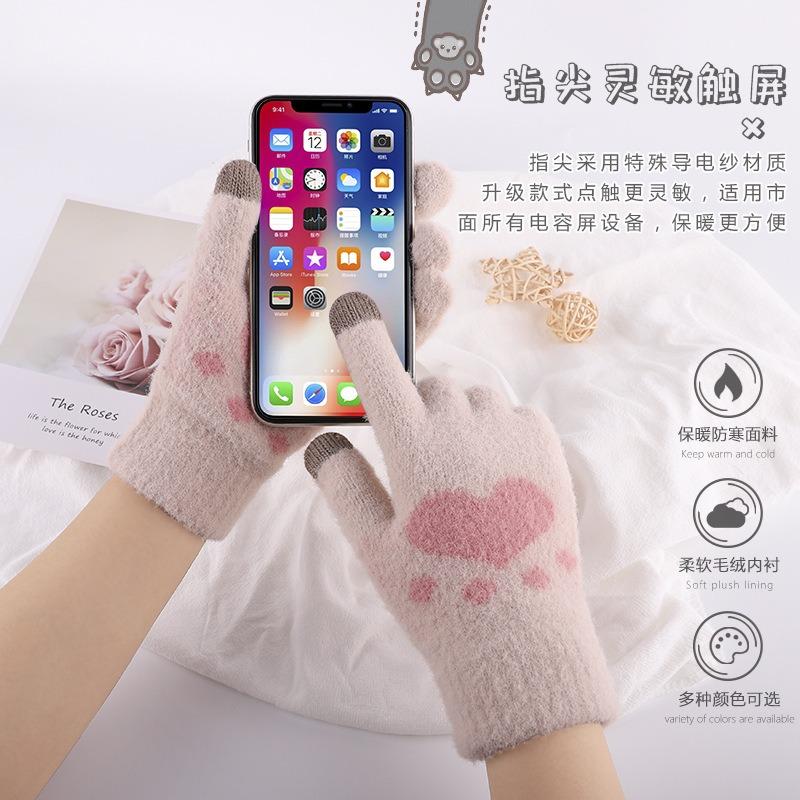 New Thermal Gloves Women's Winter Cute Cat Claws Piled Thickened Wool Knitted Touch Screen Gloves