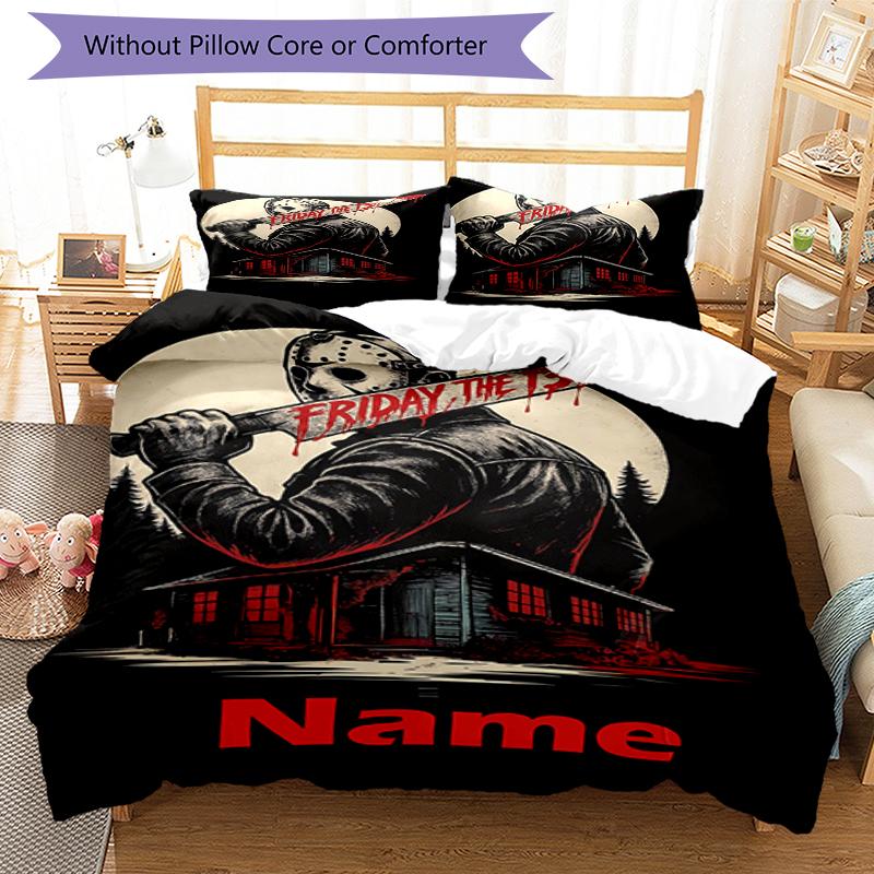 3pcs Custom Name Friday the 13th Bedding Set Duvet Cover Closure Includes 1 Duvet Cover & 2 Pillowcases, Soft and Comfortable for All Seasons.