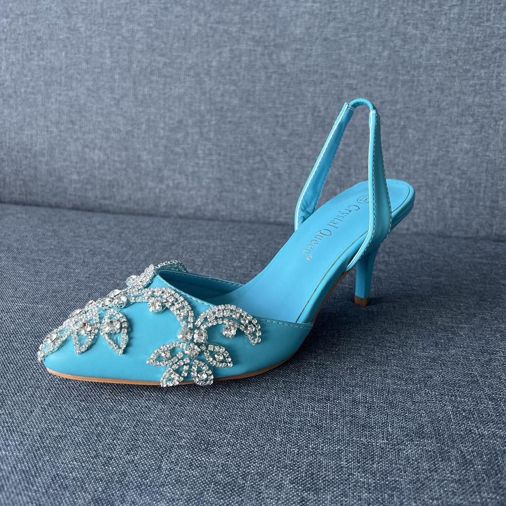 7cm Shallow Tip Toe White Wedding Sandals Thin Heels Small Size Rhinestone Chain Wedding Shoes Bride Wedding Photo Shoes