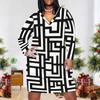 Women Plus Size V Neck Long Sleeve Abstract Printed Fitted Straight Dress