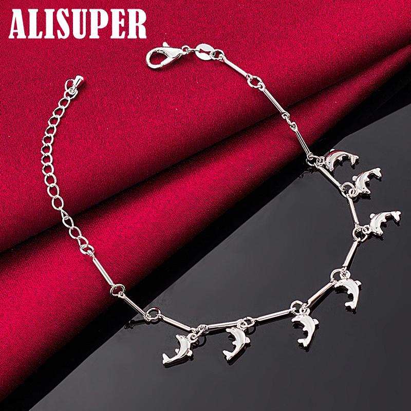 Bracelet pendentif 7 dauphins en argent sterling 925, bijoux